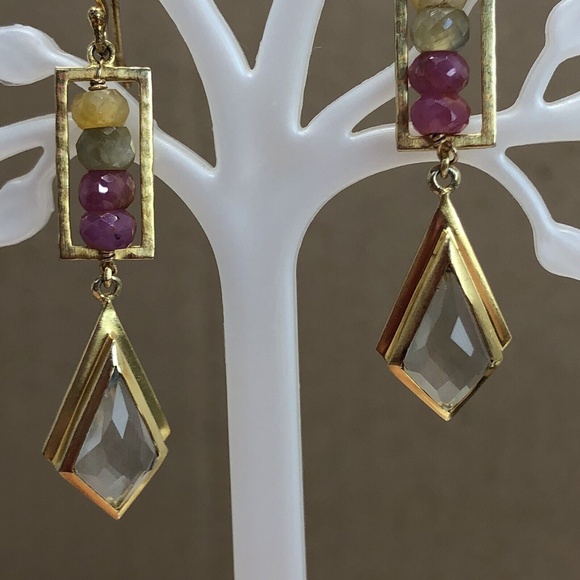SATYA Sterling Silver Vermeil Gold Tone Agate Dangle Drop Hook Pierced Earrings - Picture 3 of 11